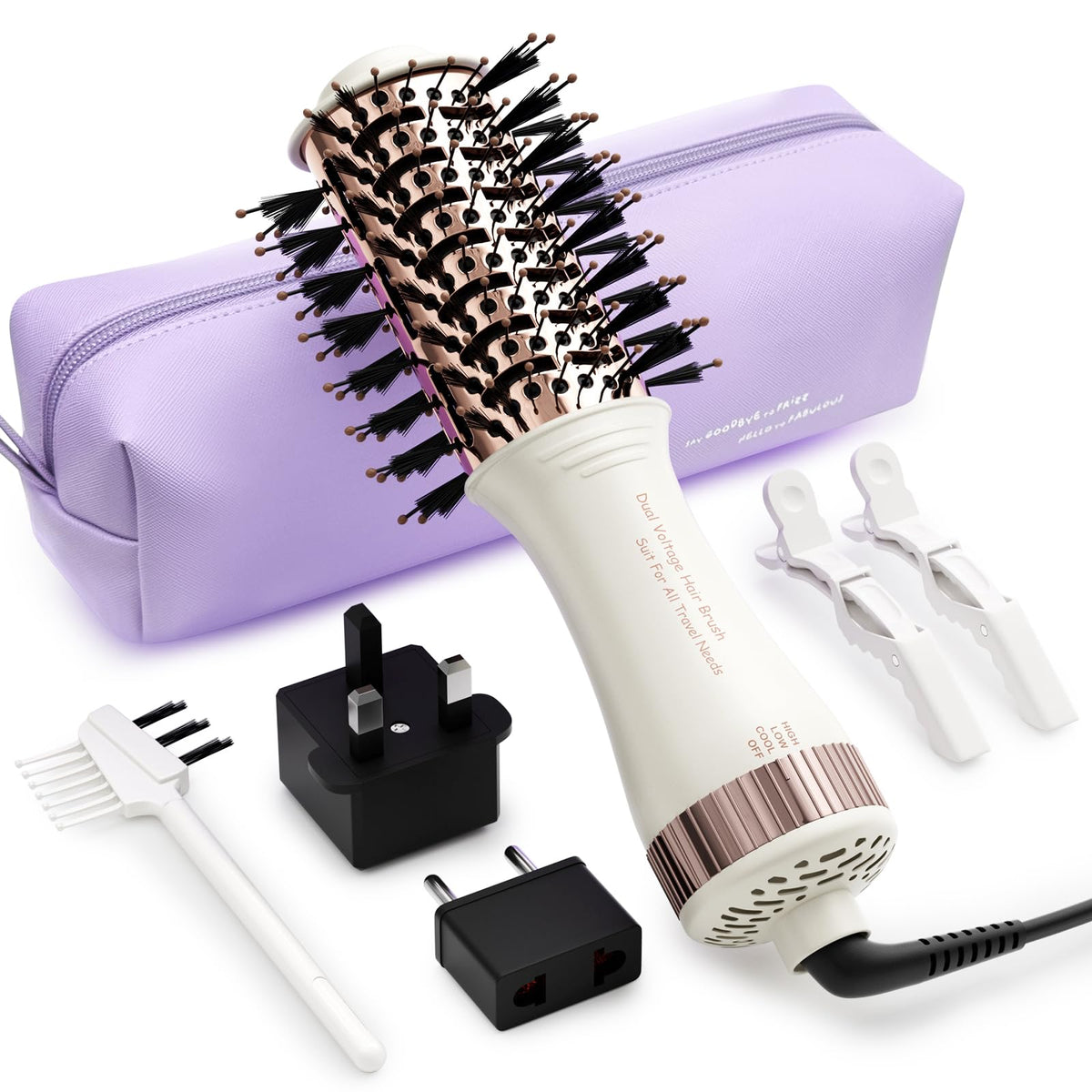 Versatile 4-in-1 travel hair dryer with dual voltage, includes clips, brush, and versatile attachments. Verified by CuratCart.