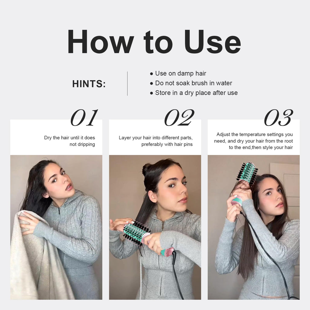 Step-by-step guide for using the 4-in-1 Travel Dual Voltage Hair Dryer. Perfect for global travel and easy styling.