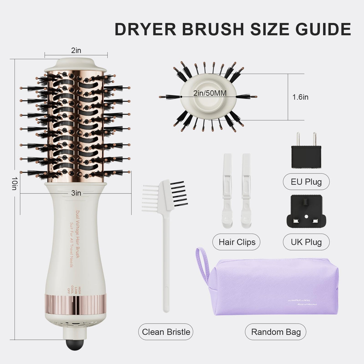 This 4-in-1 Dual Voltage Hair Dryer includes tools and accessories for versatile styling. Compact design for travel.