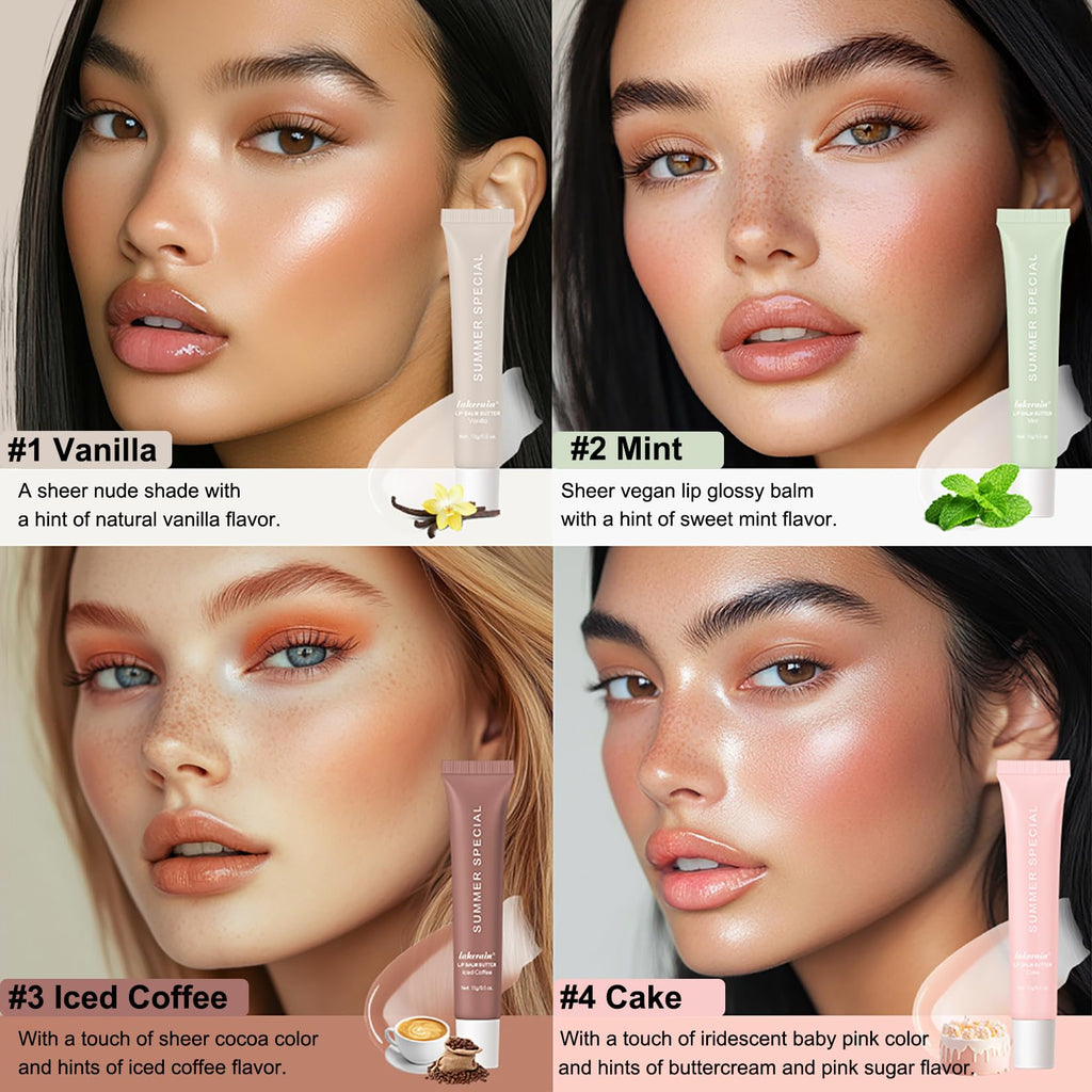 Lip Glossy Butter Nourishing Balm in four variants: Vanilla, Mint, Iced Coffee, and Cake, showcasing high-quality packaging at Curat Cart.