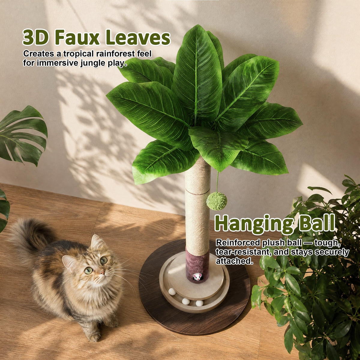 Natural Sisal Rope Cat Scratching Post featuring 3D faux leaves and a hanging ball, available at Curat Cart. High-quality design for cats.