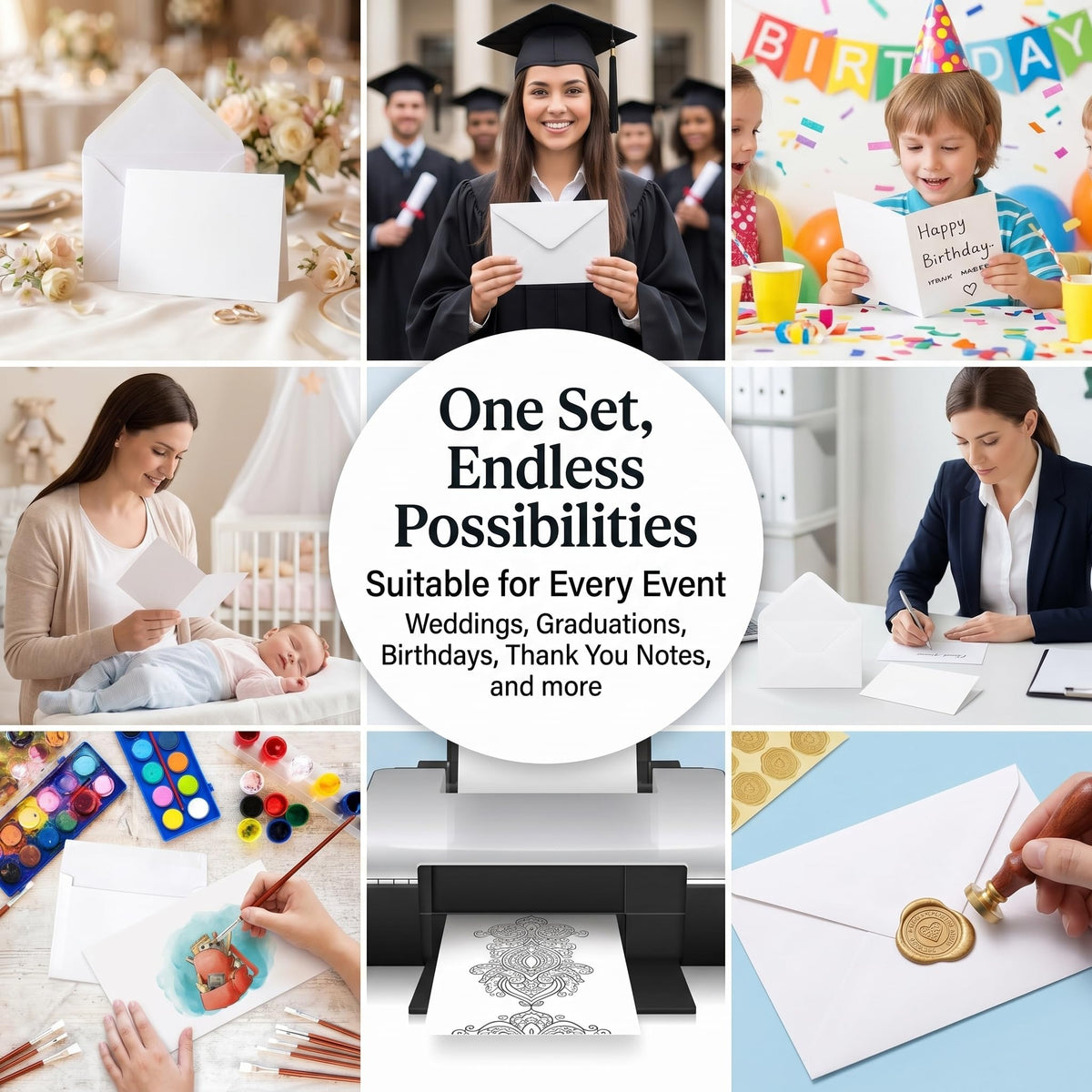 Versatile blank white cards and envelopes in high-quality packaging, perfect for weddings, graduations, and more, available at Curat Cart.