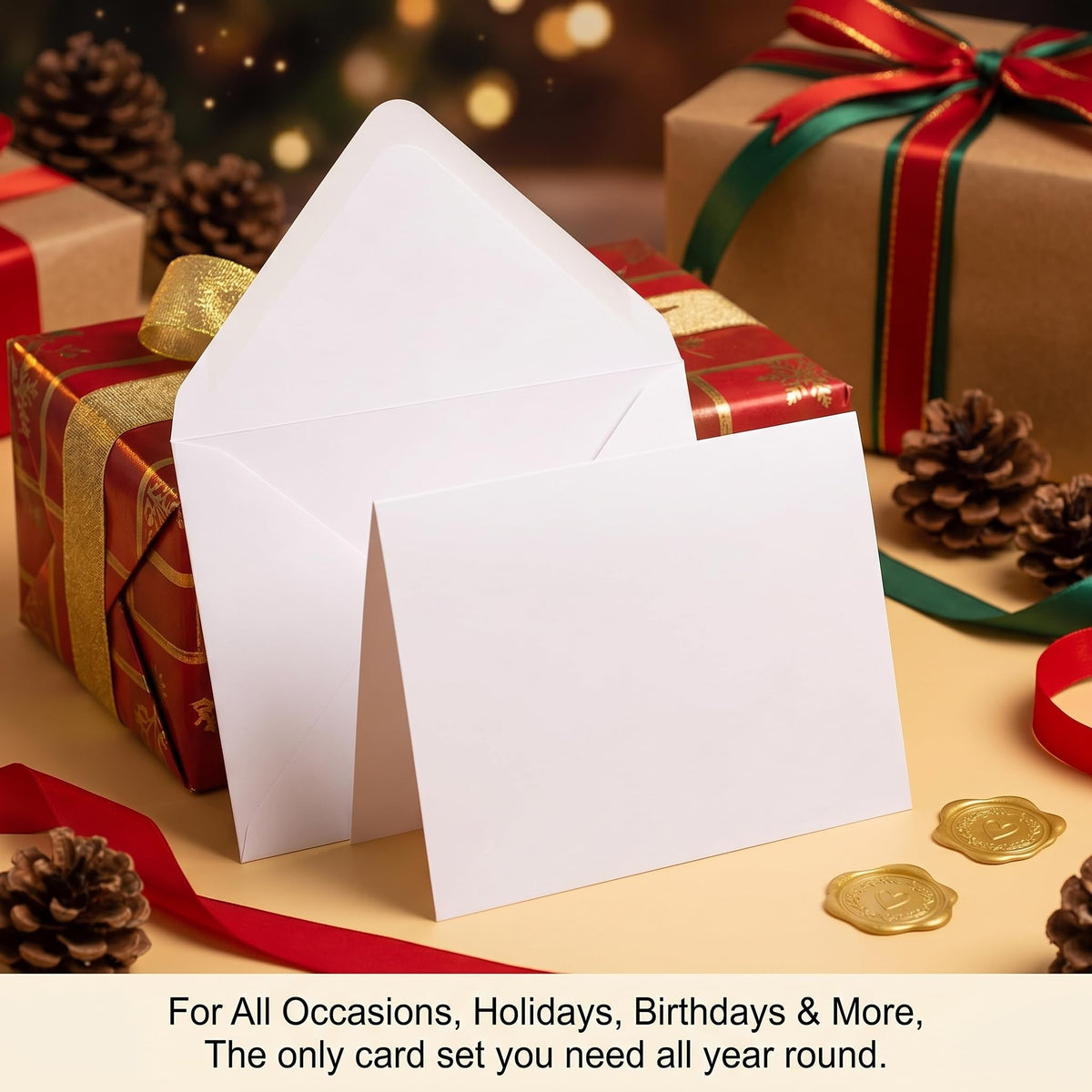Premium blank white cards and envelopes in official packaging from Curat Cart, perfect for all occasions and celebrations.