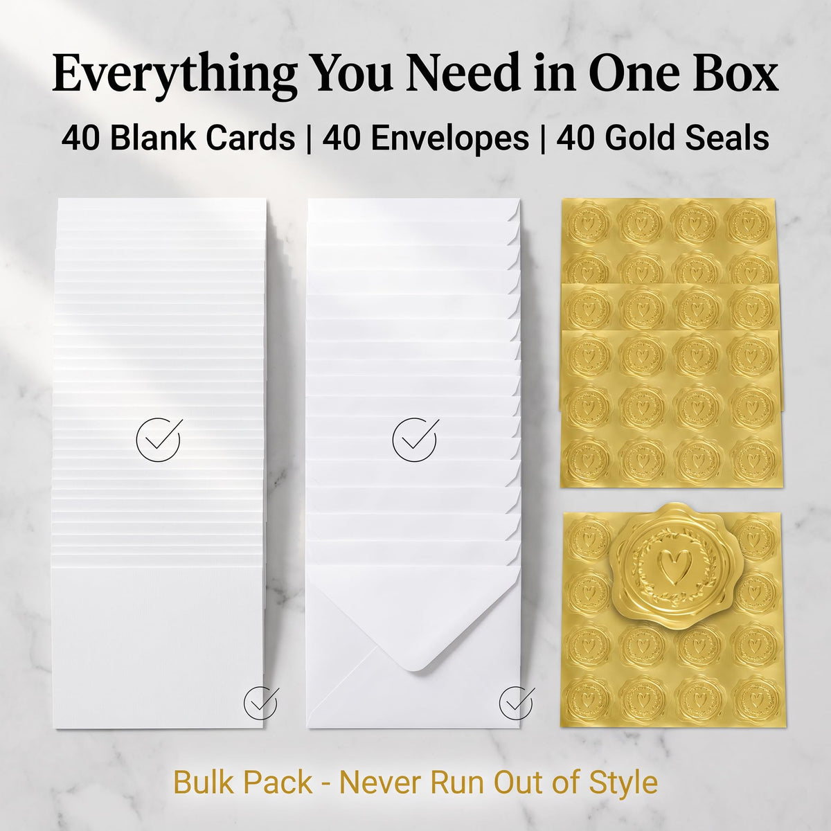 Premium imported blank white cards and envelopes with gold seals from Curat Cart, perfect for any occasion. Elevate your stationery collection.