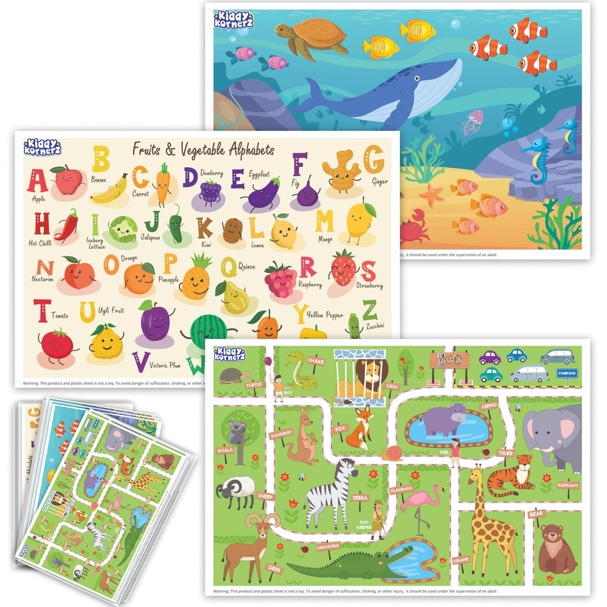 Premium imported waterproof disposable placemats for kids featuring fun designs and educational themes, available at Curat Cart.
