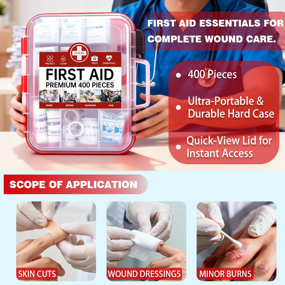 All-Purpose First Aid Kit with 400 pieces for complete wound care. Perfect for daily use. Available at Curat Cart.