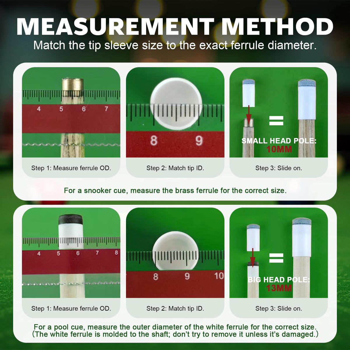 Essential Pool Cue Tips Replacement Kit guide for measuring ferrule diameter, perfect for upgrading your game. Available at Curat Cart.