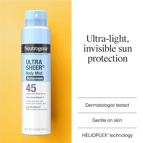 Buy now Neutrogena Ultra Sheer Body Mist Sunscreen Spray, Broad Spectrum SPF 45, Lightweight Spray Sunscreen, Non-Greasy & Water Resistant, Oil-Free & Non-Comedogenic UVA/UVB, 5 oz Pack of 3 at indiglob india