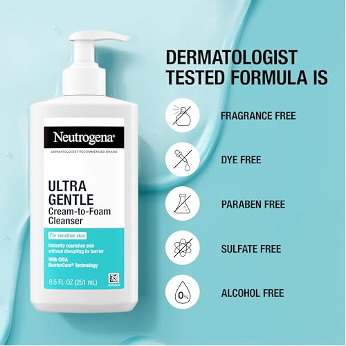 Buy now Neutrogena Ultra Gentle Cream to Foaming Face Wash for Sensitive Skin, Fragrance-Free Gentle Facial Cleanser, Hypoallergenic Skin Care, Non-Comedogenic Makeup Remover, 8.5 oz at indiglob india
