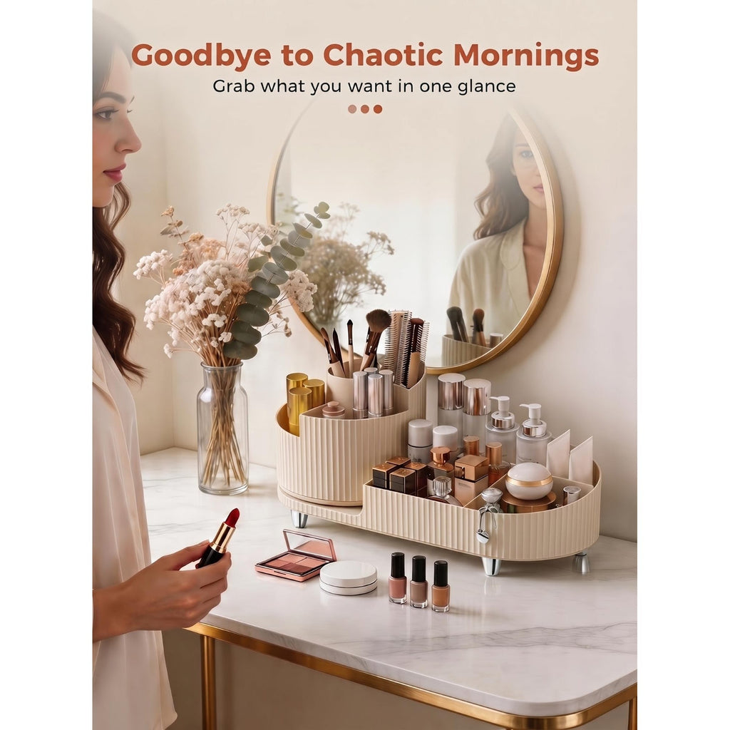 Premium imported Booklov rotating makeup organizer offers stylish storage for cosmetics, perfect for organized mornings.