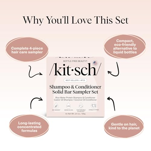 Buy now Kitsch Shampoo and Conditioner Set - 4pc Sampler Bars with Rice Water Shampoo and Conditioner, Castor Oil Shampoo & Coconut Oil Conditioner - Bottle-Free Beauty for Hair Growth, Repair & Moisture at indiglob india