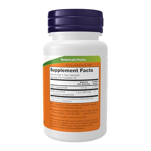 Buy now NOW Supplements, Goldenseal Root (Hydrastis canadensis) 500 mg, Herbal Supplement, 50 Veg Capsules at indiglob india