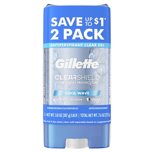 Buy now Gillette Antiperspirant and Deodorant for Men, 72hr Sweat & Odor Protection, Long Lasting Freshness, Anti-White Mark Technology, Clear Gel, Cool Wave Scent, 3.8 oz (Pack of 2) at indiglob india