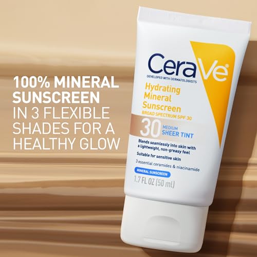 Buy now CeraVe Hydrating Mineral Sunscreen SPF 30 with Sheer Tint, Tinted Mineral Sunscreen with Zinc Oxide & Titanium Dioxide, Blends Seamlessly For Healthy Glow, Deep, 1.7 Oz at indiglob india