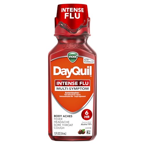 Buy now Vicks DayQuil Intense Flu Liquid, Over-The-Counter Medicine, Multi-Symptom, Powerful Daytime Relief for Body Aches, Fever, Headache, Sore Throat, and Cough, 6 Hour Relief, Cherry Flavor, 12 FL OZ at indiglob india