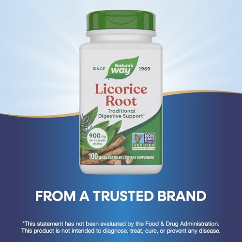 Buy now Nature's Way Licorice Root, Traditional Digestive Support Supplement*, 900 mg per 2-Capsule Serving, Non-GMO Project Verified, 100 Vegan Capsules (Packaging May Vary) at indiglob india