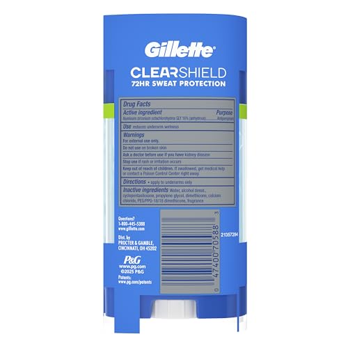 Buy now Gillette Antiperspirant and Deodorant for Men, 72hr Sweat & Odor Protection, Long Lasting Freshness, Anti-White Mark Technology, Clear Gel, Power Rush Scent, 3.8 oz (Pack of 3) at indiglob india