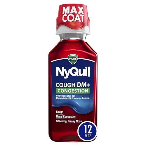 Buy now Vicks NyQuil Cough DM+ Congestion Relief Liquid Medicine, Maximum Strength Multi-Symptom Nighttime Relief for Cough, Nasal Congestion, Sneezing and Runny Nose, Cherry Flavor, 12 FL OZ at indiglob india