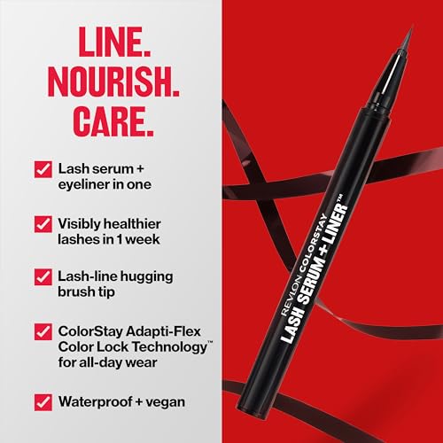 Buy now REVLON ColorStay Lash Serum + Liner, Waterproof Eyeliner, Healthier Looking Eyelashes, Smudge-Resistant Flexible Brush Tip, 001 Blackest Black at indiglob india