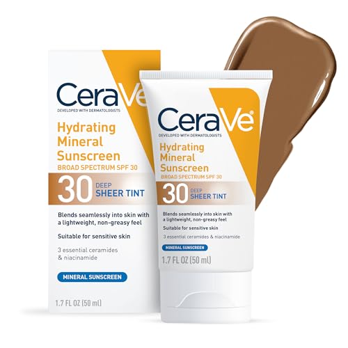 Buy now CeraVe Hydrating Mineral Sunscreen SPF 30 with Sheer Tint, Tinted Mineral Sunscreen with Zinc Oxide & Titanium Dioxide, Blends Seamlessly For Healthy Glow, Deep, 1.7 Oz at indiglob india