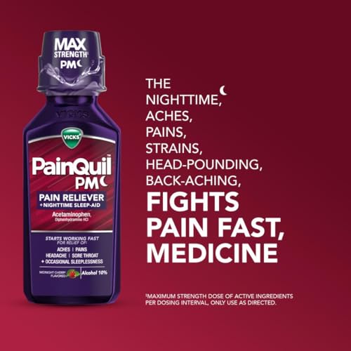 Buy now Vicks PainQuil Pain Relief Acetaminophen 1000mg Max Strength Adult Pain Reliever Liquid 12oz, Backache Headache Relief, 1 Nighttime Pain Reliever + Sleep Aid at indiglob india