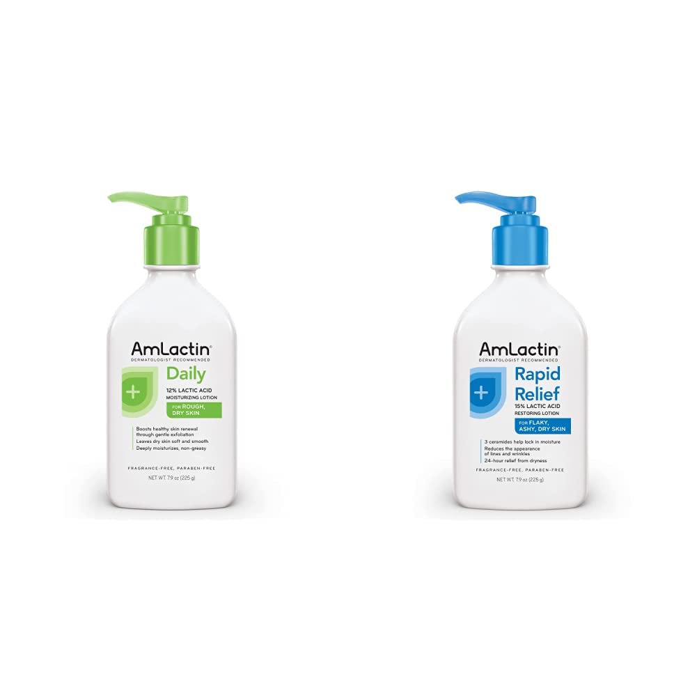 Buy now AmLactin Daily Moisturizing Lotion for Dry Skin, 7.9 oz Pump Bottles (Twin Pack), 2-in-1 Exfoliator-Body Lotion with 12% Lactic Acid, Dermatologist-Recommended (Packaging May Vary) 7.9 Ounce (Pack of 1) Lotion + Restoring Lotion at indiglob india