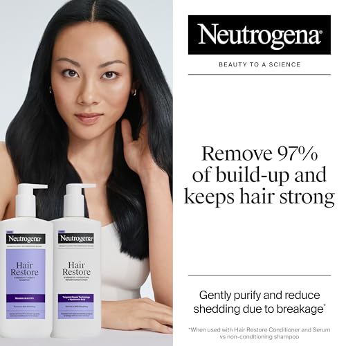 Buy now Neutrogena Hair Restore Strength + Purity Shampoo, Exfoliating Hair Wash with 1.5% Mandelic Acid Gently Removes 97% of Buildup & Reduces Shedding due to Breakage, Paraben-Free, 13 fl oz at indiglob india