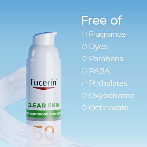 Buy now Eucerin Sun Clear Skin Face Sunscreen Lotion SPF 50 for Acne Prone and Oily Skin, Lightweight Sunscreen with Oil-Absorbing Minerals, Won't Cause Breakouts, Hypoallergenic, 2.5 Fl Oz Bottle at indiglob india