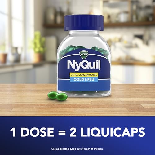 Buy now NyQuil Ultra Concentrated Cold and Flu Medicine, Nighttime, Relief for Cough, Sore Throat, Fever, Congestion, Easy to Swallow, Easy to Open Bottle, 48 LiquiCaps at indiglob india