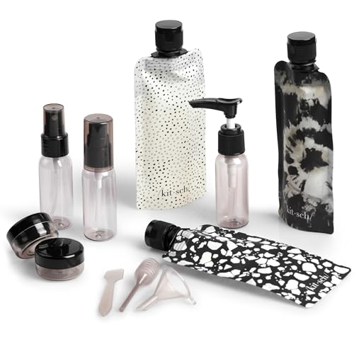 Buy now Kitsch 11 PCS Travel Bottles for Toiletries â€“ Travel Essentials Kit for Shampoo, Conditioner, Lotion & More - TSA Approved Travel Bottles, Leak-Proof Refillable Travel Size Containers - Black & Ivory at indiglob india
