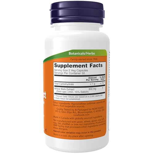 Buy now NOW Foods Supplements, White Willow Bark 400 mg with 15% Salicin, Standardized Extract, 100 Veg Capsules at indiglob india