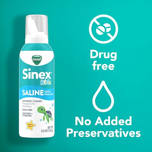 Buy now Vicks Sinex, Children's Saline Nasal Spray, Drug Free Ultra Fine Mist with Hint of Aloe, Ages 1+, Fast Everyday Stuffy Nose Relief for Kids, Clear Mucus from a Cold or Allergy, 5 OZ x 2 at indiglob india