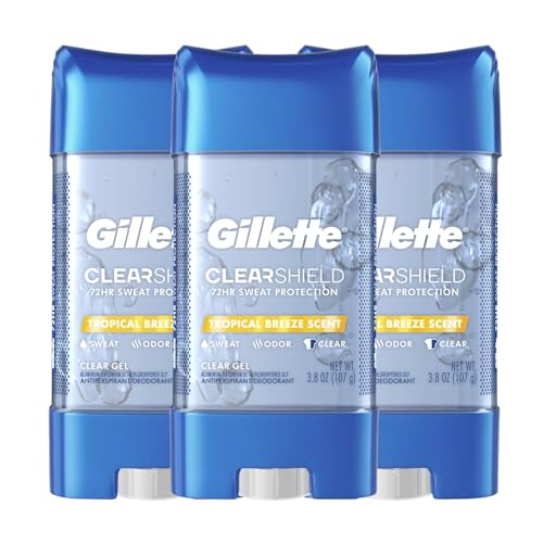 Buy now Gillette Antiperspirant and Deodorant for Men, 72hr Sweat & Odor Protection, Long Lasting Freshness, Anti-White Mark Technology, Clear Gel, Tropical Breeze Scent, 3.8 oz (Pack of 3) at indiglob india