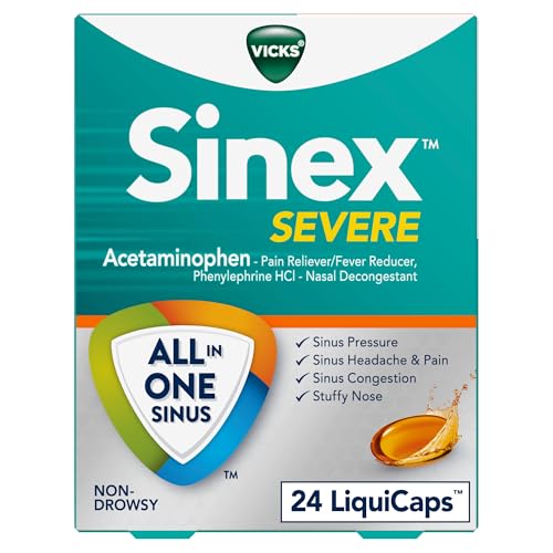Buy now Vicks Sinex SEVERE LiquiCaps, All-In-One Sinus Relief, Non-Drowsy, Nasal Decongestant, Maximum Strength Relief of Sinus Headache, Pain, Pressure, & Congestion, 24 LiquiCaps at indiglob india