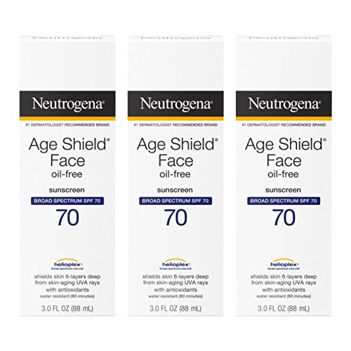 Buy now Neutrogena Age Shield Face Oil-Free Sunscreen Lotion with Broad Spectrum SPF 70, Non-Comedogenic Moisturizing Sunscreen to Help Prevent Signs of Aging, PABA-Free, 3 fl. oz (Pack of 3) at indiglob india