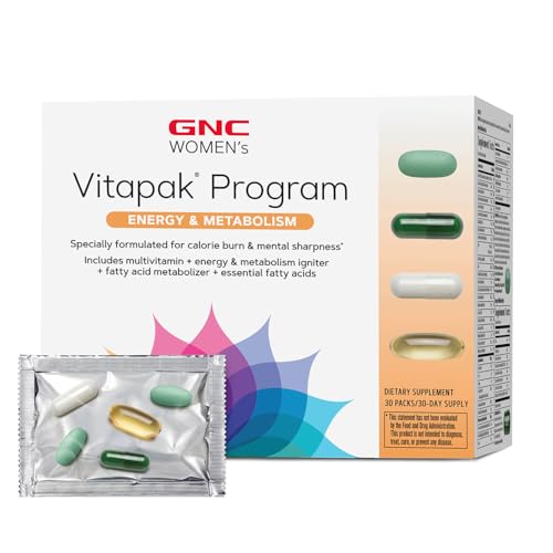 Buy now GNC Womenâ€™s Energy and Metabolism Vitapak Program, Convenient Complete Nutrition, 4 Products in 1 Packet, Calorie Burn, Mental Sharpness, 200mg Caffeine, with Proven Ingredients, Omega 3s, 30 svgs at indiglob india