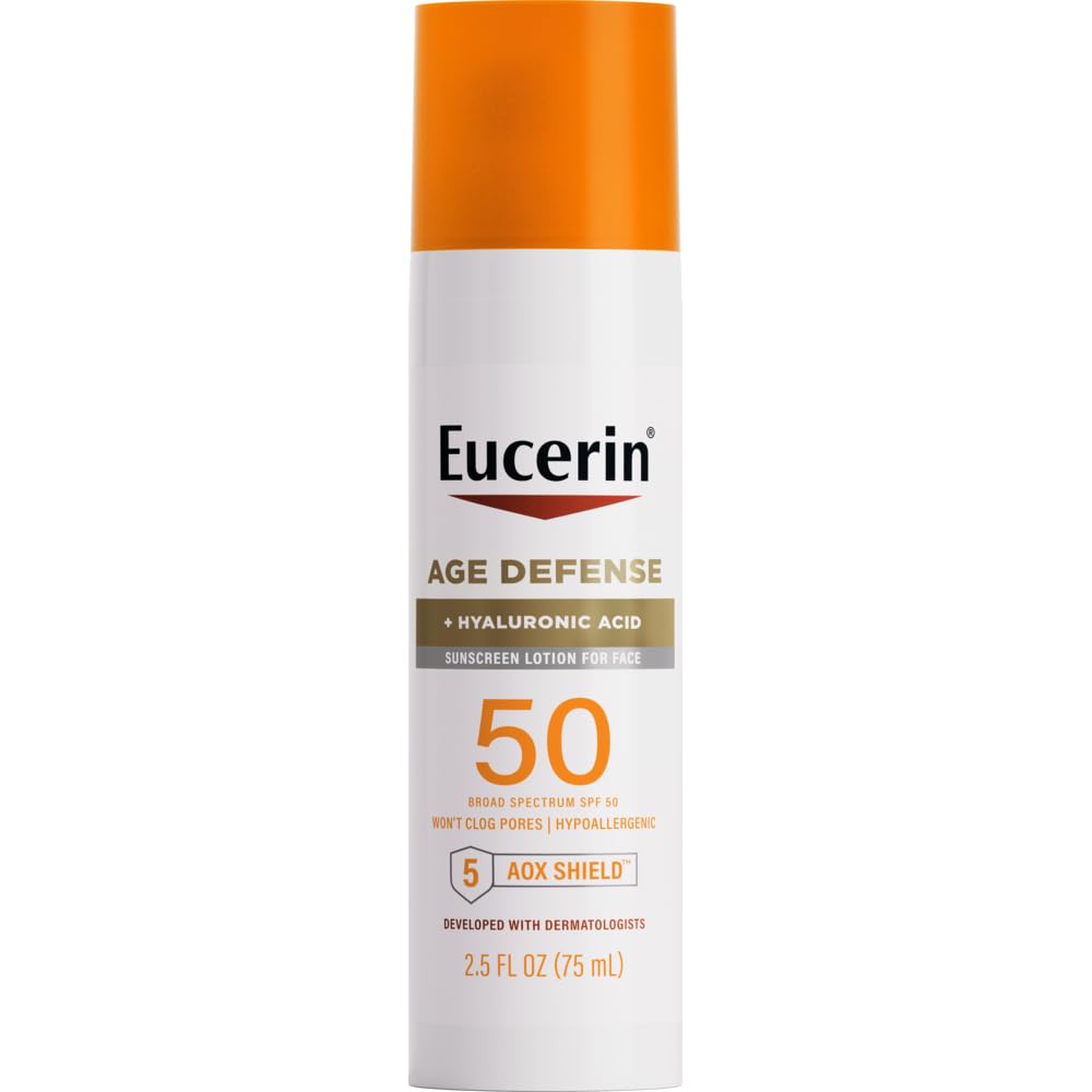 Eucerin Sun Age Defense Face Sunscreen Lotion SPF 50, 2.5 FL OZ | Face Sunscreen SPF 50 with Hyaluronic Acid for Age Defense, Invisible Finish, Hypoallergenic, Non-Comedogenic, Fragrance Free