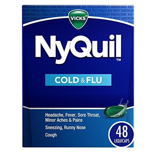 Buy now Vicks NyQuil Cold & Flu Relief Over-the-Counter Medicine, Powerful Multi-Symptom Nighttime Relief for Headache, Fever, Sore Throat, Aches, Sneezing, Runny Nose & Cough, 48 LiquiCaps at indiglob india