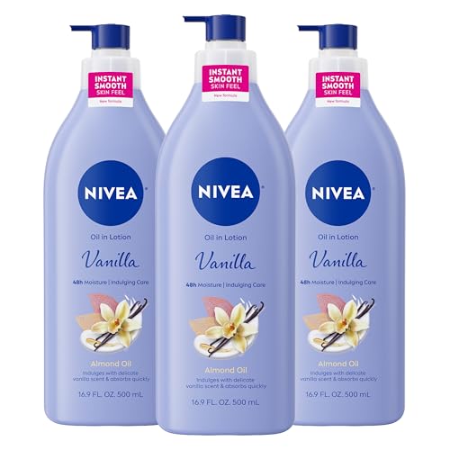 Buy now NIVEA Oil Infused Vanilla and Almond Oil Body Lotion for Women, Fast-Absorbing and Non-Greasy Vanilla Scented Lotion Moisturizes for 48 Hours, 16.9 Fl Oz Pump Bottle, Pack of 3 at indiglob india