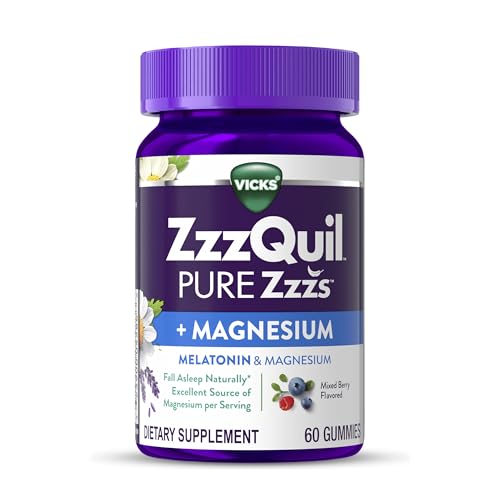 Buy now ZzzQuil Pure Zzzs + Magnesium, Sleep Aid, Magnesium Citrate and Melatonin Gummies, Melatonin 2mg, Sleep Aids for Adults, Mixed Berry Flavored, 60 Sleep Gummies at indiglob india
