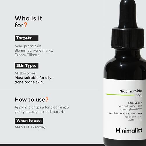 Buy now Minimalist Niacinamide 10% Face Serum for Acne Control & Oil Balancing with Zinc | Pore Minimizer for Face | Clears Acne Marks & Blemishes for Even Skin Tone | For Women & Men | 1 Fl Oz / 30 ml at indiglob india
