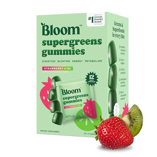 Buy now Bloom Super Greens Gummies, Daily Greens Superfood Fiber Gummies with Fruits, Vegetables, Vitamins & Minerals for Digestive & Gut Health, Bloating Support, Strawberry Kiwi, 12 Servings (48 Total) at indiglob india