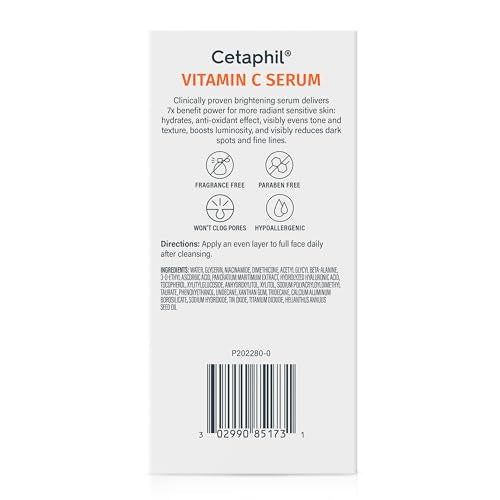 Buy now Cetaphil Vitamin C Serum, Visibly Reduces Look of Dark Spots and Hyperpigmentation, Formulated with Niacinamide, Designed for Sensitive Skin, Fragrance Free, Dermatologist Tested, 1oz at indiglob india