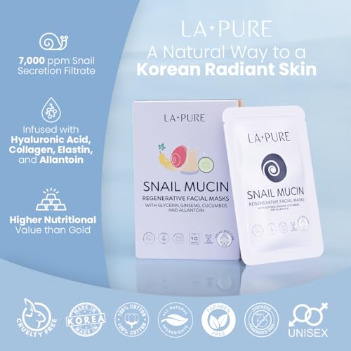 Buy now LA PURE Snail Mucin Mask – 10ct Korean Sheet Mask Pack for Signs of Aging, Aid Skin Repair & Hydration – Pure Snail Mask for Face with Collagen & Hyaluronic Acid – Cruelty-Free Hydrating Sheet Mask at indiglob india