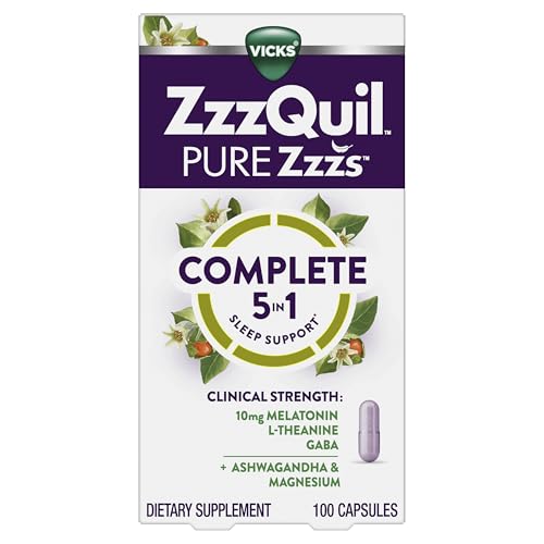 Buy now ZzzQuil Pure Zzzs Complete Sleep, Melatonin 10mg, L-Theanine, GABA, with Ashwagandha, and Magnesium, Melatonin Sleep Aid, 100 Count at indiglob india