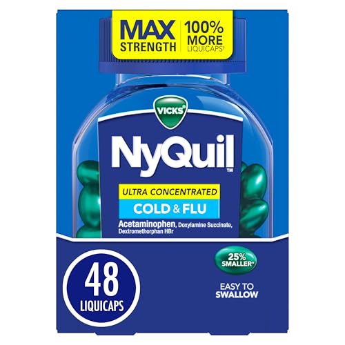 Buy now NyQuil Ultra Concentrated Cold and Flu Medicine, Nighttime, Relief for Cough, Sore Throat, Fever, Congestion, Easy to Swallow, Easy to Open Bottle, 48 LiquiCaps at indiglob india
