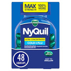 Buy now NyQuil Ultra Concentrated Cold and Flu Medicine, Nighttime, Relief for Cough, Sore Throat, Fever, Congestion, Easy to Swallow, Easy to Open Bottle, 48 LiquiCaps at indiglob india