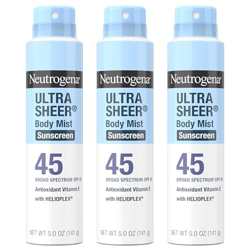 Buy now Neutrogena Ultra Sheer Body Mist Sunscreen Spray, Broad Spectrum SPF 45, Lightweight Spray Sunscreen, Non-Greasy & Water Resistant, Oil-Free & Non-Comedogenic UVA/UVB, 5 oz Pack of 3 at indiglob india