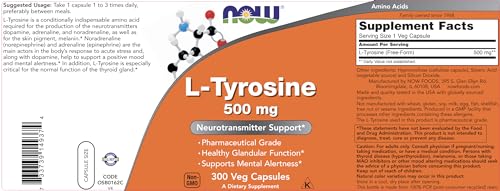 Buy now Now Foods L-Tyrosine 500mg, 300 Capsules - Non GMO - Supports Mental Alertness - 500 mg Caps - Free Form Supplement at indiglob india