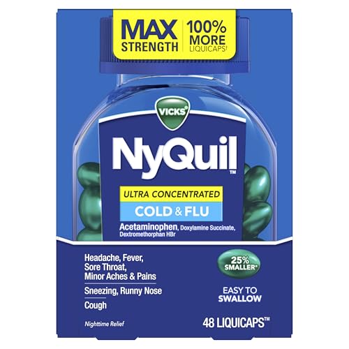 Buy now NyQuil Ultra Concentrated Cold and Flu Medicine, Nighttime, Relief for Cough, Sore Throat, Fever, Congestion, Easy to Swallow, Easy to Open Bottle, 48 LiquiCaps at indiglob india